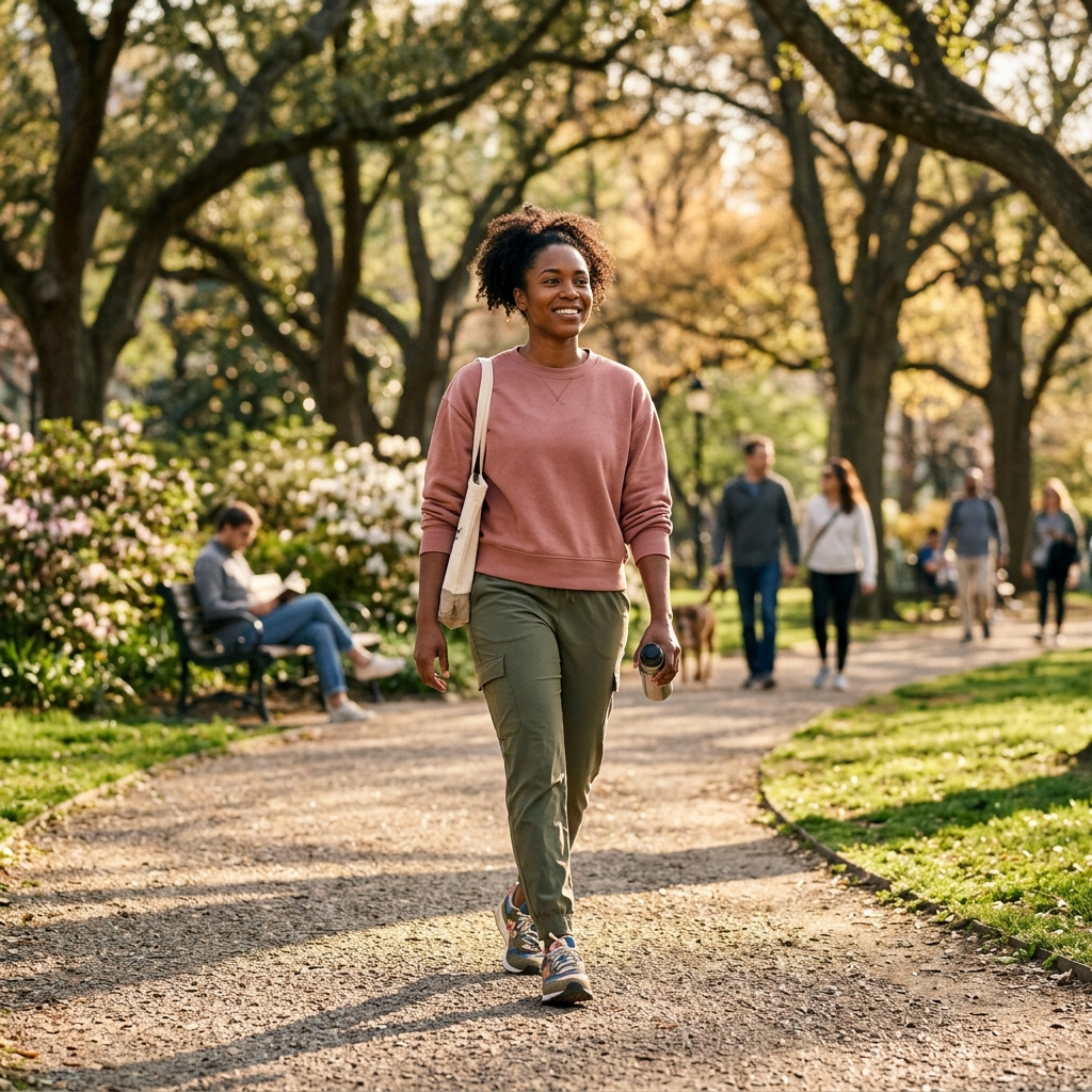 Confident person walking outdoors in natural light representing self-acceptance and sustainable wellness