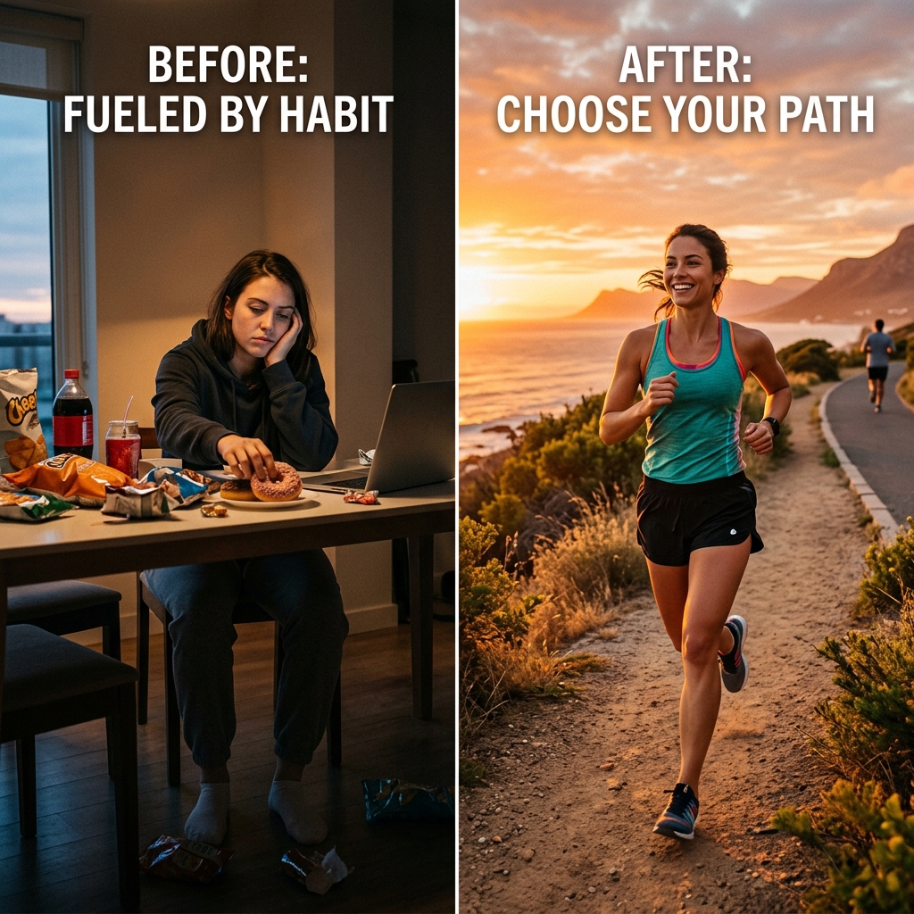 Inspirational weight loss lifestyle transformation showing healthy food choices and outdoor exercise