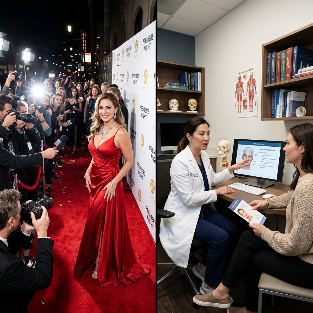 Split image showing celebrity glamour alongside medical consultation representing responsible weight loss discussion